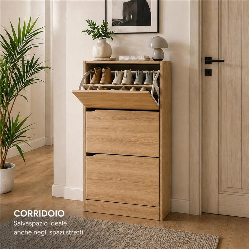 SCARPIERA LINEA HARMON A 3 ANTE E PANNELLO RERTROSTANTE IN MDF COLORE ROVERE MISURA 63X24X115 CM