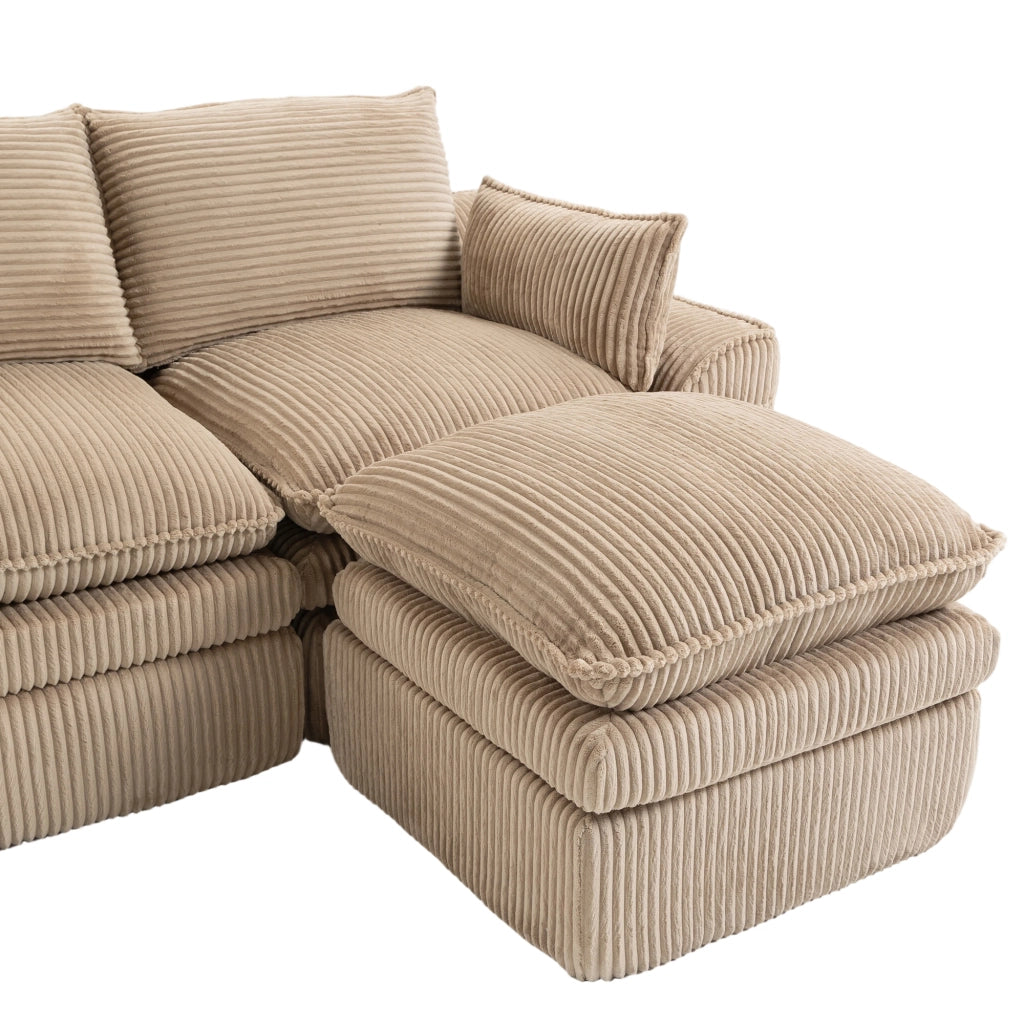 Divano modulare in tessuto a coste kaki con tasche laterali e cuscini 335 × 167 × 85 cm