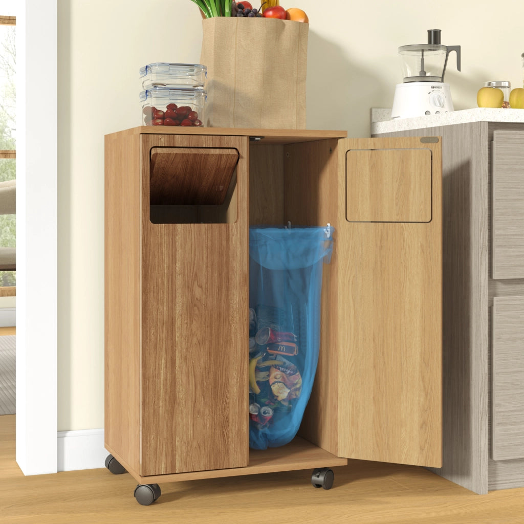 Armadio raccolta rifiuti a 2 scomparti con ruote, effetto rovere, 46,7 x 35 x 80 cm