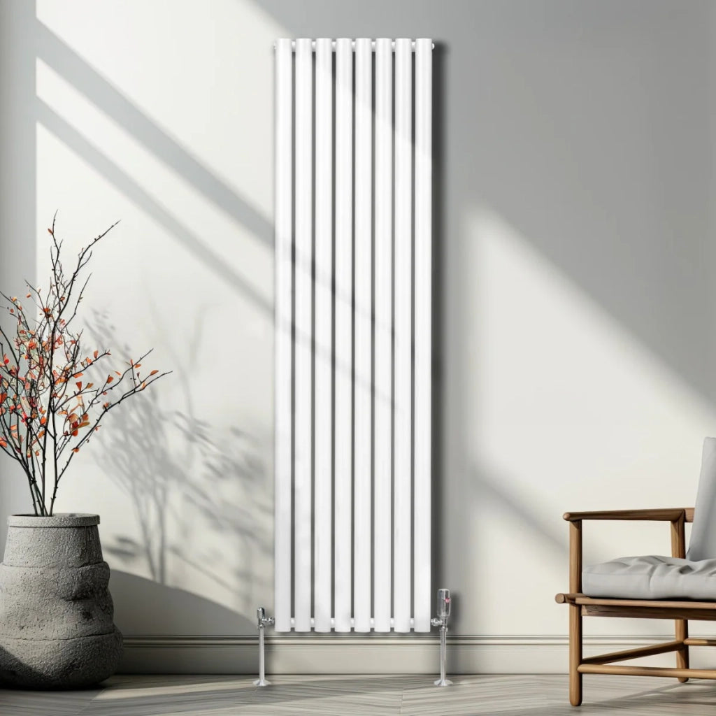 Radiatore a colonna ovale e valvole cromate TRV Designer Bianco 1800mm x 480mm