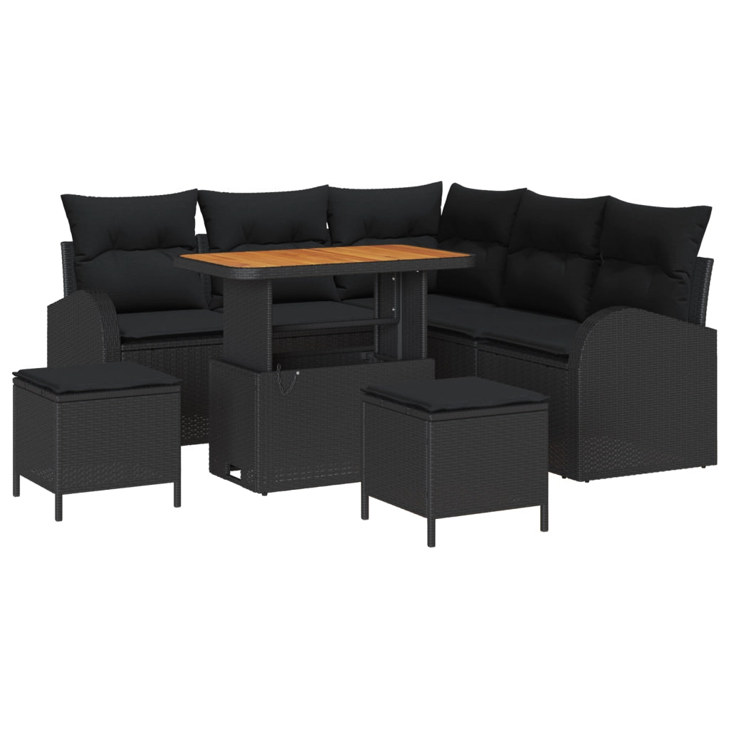 Set Divano da Giardino in 8 pezzi con Cuscini Nero Polyrattan Acacia