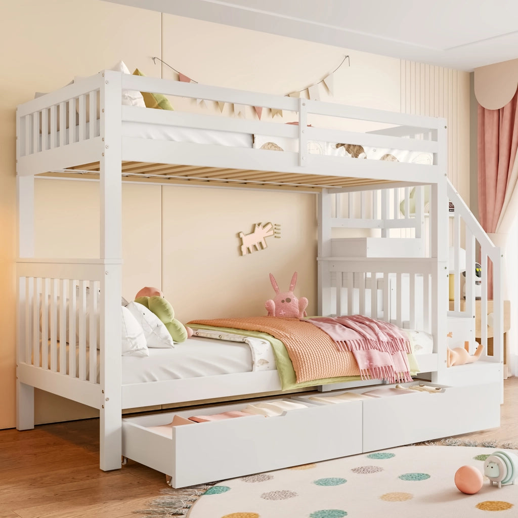 OKWISH Letto a Castello 90×200 cm, Letto Singolo con Scala a Mensole, 2 Cassetti e Sponde Alte, senza Materasso, Bianco