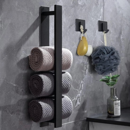Maniglione per asciugamani senza bisogno di forare, Maniglione per asciugamani, Argento, Maniglione per asciugamani da bagno, Maniglione per ospiti, Maniglione per asciugamani da bagno con 2 maniglie per asciugamani (tela nera)