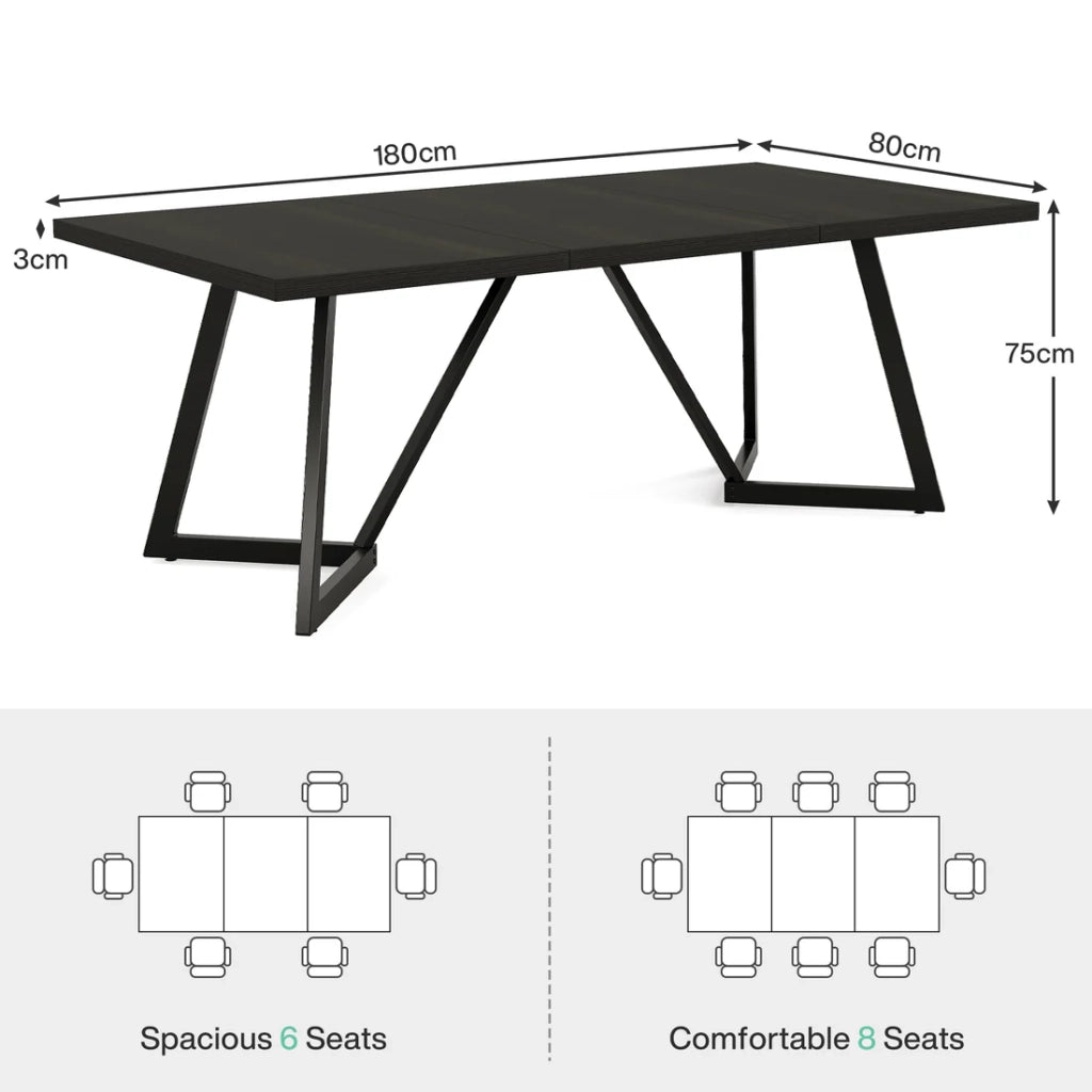 Tavolo da pranzo rettangolare nero in MDF con gambe in metallo 180x80x75 cm