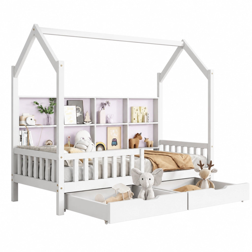 Letto per bambini a casetta 200x90 cm con 2 cassetti; scomparto portaoggetti; pino bianco