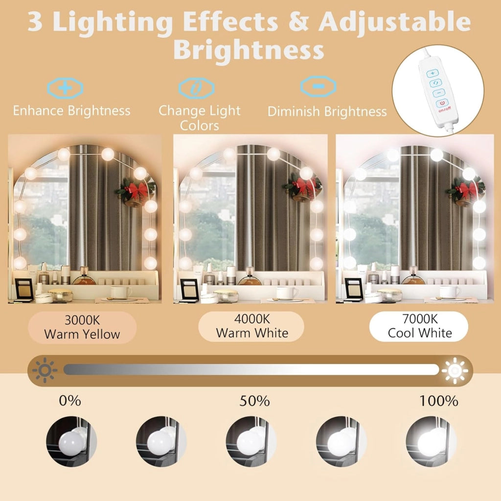 Set da toeletta con specchio illuminato a LED, tavolo da trucco con sgabello imbottito, stazione di ricarica, luci variabili a 3 colori, 4 cassetti, 3 ripiani aperti per camera da letto