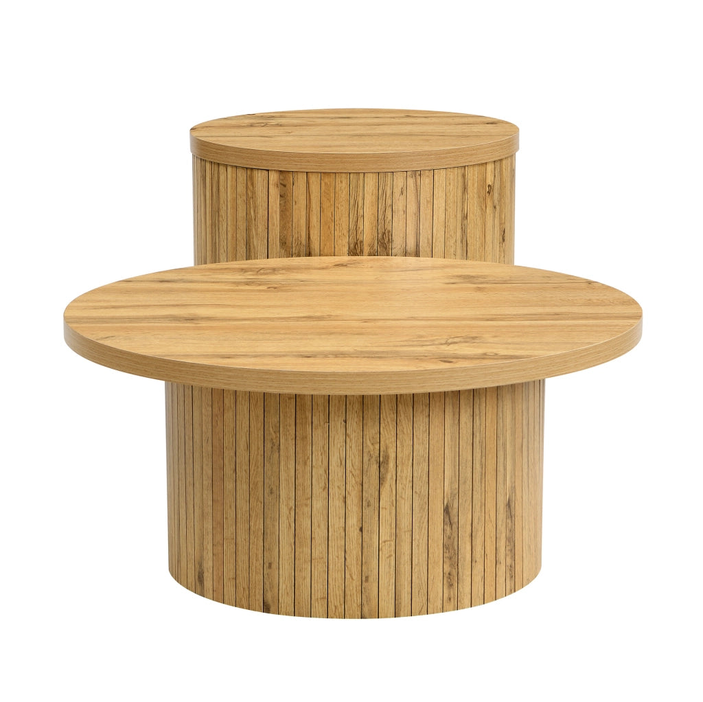 Set di tavolini da salotto rotondi 75x75x36 cm e 50x50x50.5 cm in MDF colore naturale
