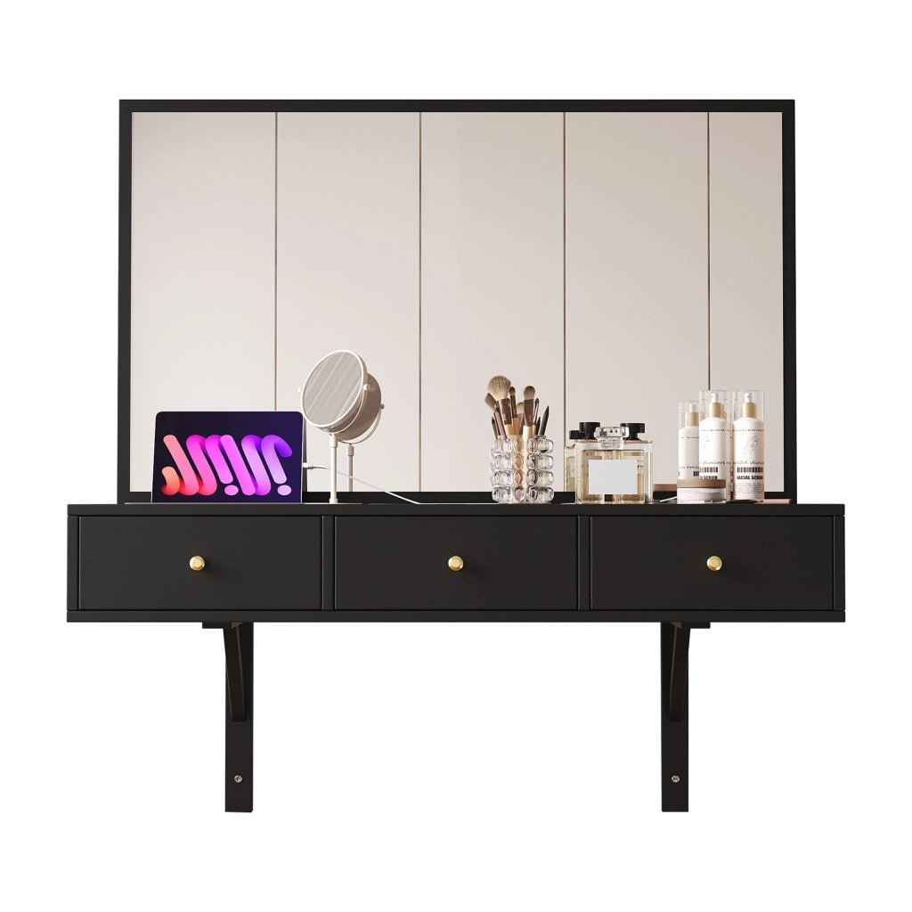 Scrivania Toeletta con Specchio, Cassetti e Prese ¨C MINIMAL ¨C Nero 100x105x45 cm