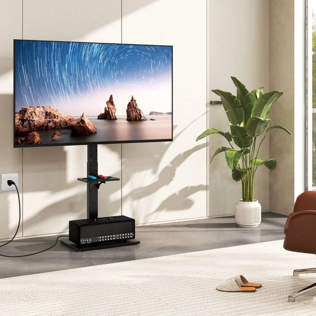 Supporto TV da pavimento con presa di corrente in altezza e inclinazione, Supporto TV universale per TV con ripiano av regolabile Nero-Mobili porta TV