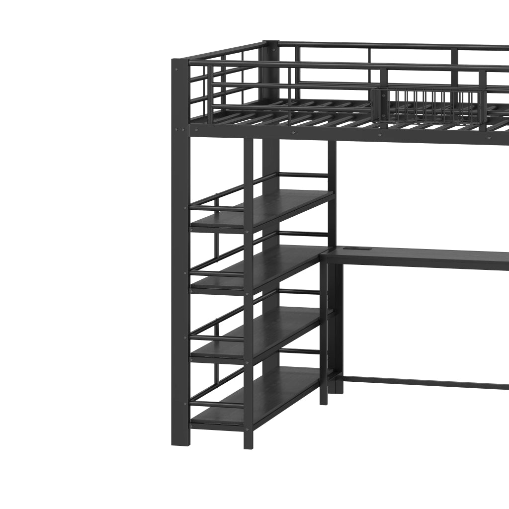 Letto a Soppalco 140x200 cm; Letto Matrimoniale - Scrivania; LED e Mensole - in Metallo e MDF - Nero