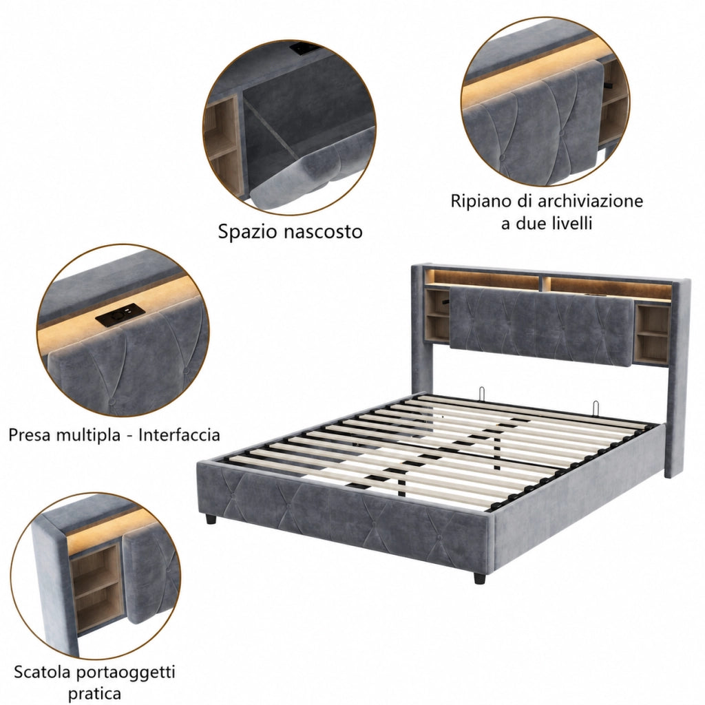 Letto imbottito grigio 140×200 cm, testiera contenitiva multilivello, USB‑C, LED con telecomando, base letto vano idraulico salvaspazio