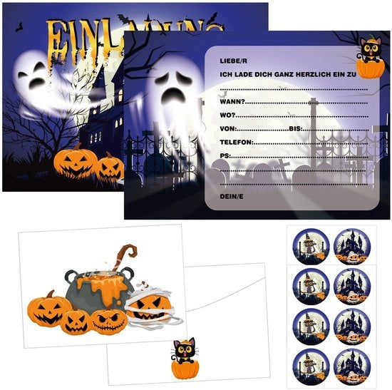 Carte di invito per Halloween, 12 pezzi, accessori di festa per Halloween, carte di auguri per Halloween con buste e adesivi per Halloween, invito per una festa di Halloween, compleanno per bambini