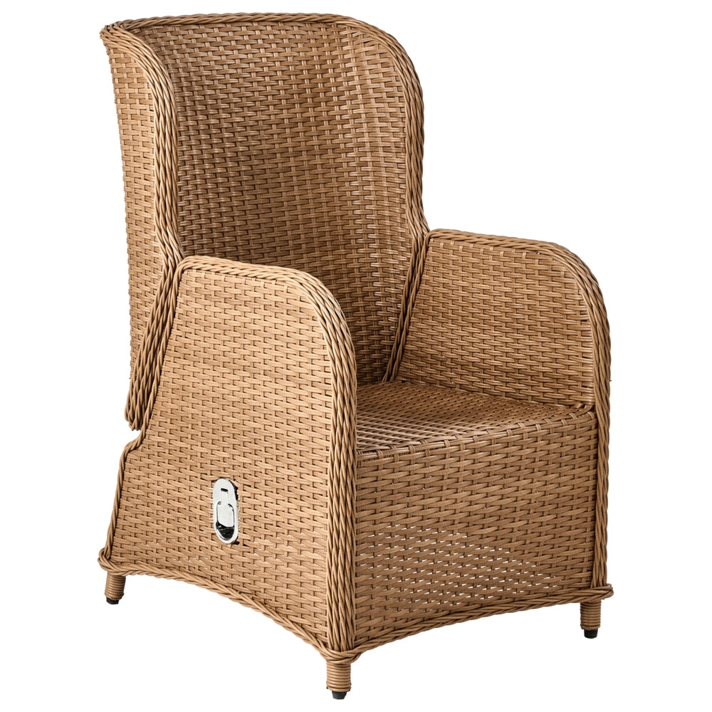 Set da Esterno 2 Poltrone Poggiapiedi e Tavolo Rattan Sintetico marrone chiaro e cuscini bianco sporco ripiano reclinabile tradizionale
