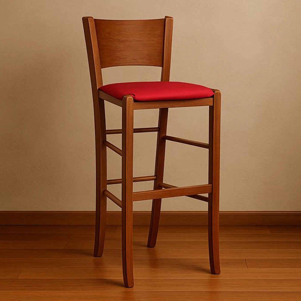 Sgabello alto da bar lucy in legno noce scuro h 73 con seduta in ecopelle rosso