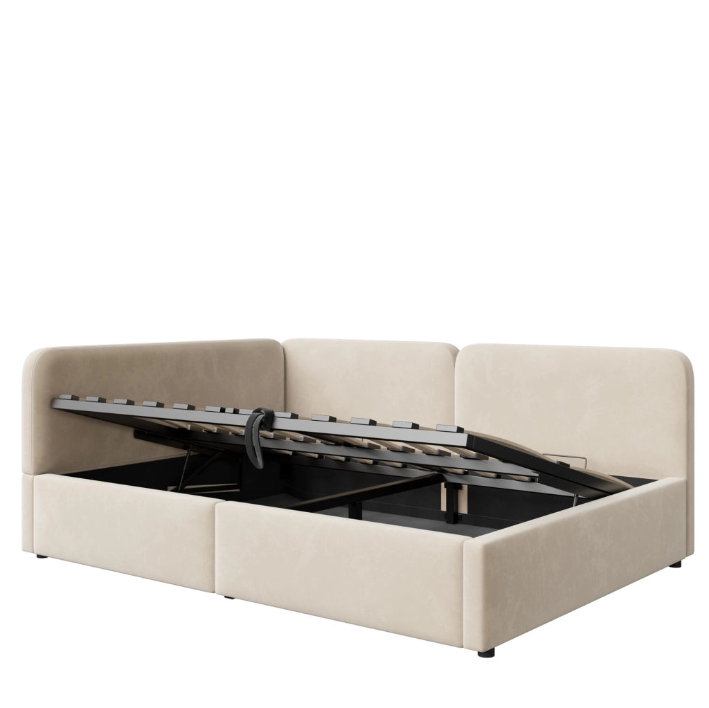 Divano letto imbottito 206x146x81 cm con contenitore idraulico; testiera reversibile in tessuto beige