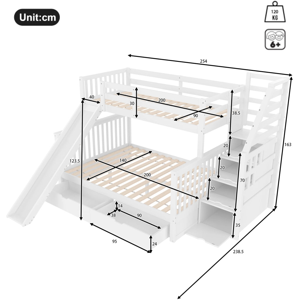 Letto a castello 90x200 sopra 140x200 con scivolo e cassetti, bianco antico