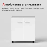 Mobile TV Moderno Multiuso in Legno con 4 Ruote e Freni, 2 Ante con 2 Ripiani, 60x35x65 cm, Bianco