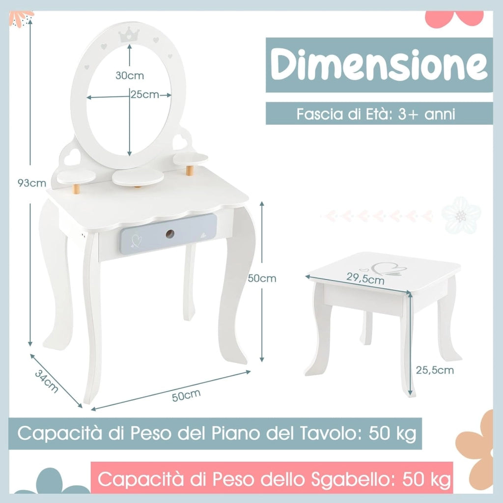 Toeletta Trucco 2 in 1 per Bambina, Specchiera Staccabile per Ragazza in Legno con Sgabello, Cassetto, Ripiani e Giocattoli, Postazione Trucco per 3 Anni, 50 x 34 x 93 cm, Bianco（Modello 1）