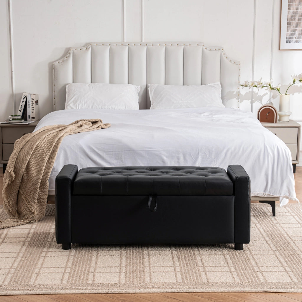 Panca contenitore rettangolare nera 122x45x47 cm imbottita con vano portaoggetti in PU