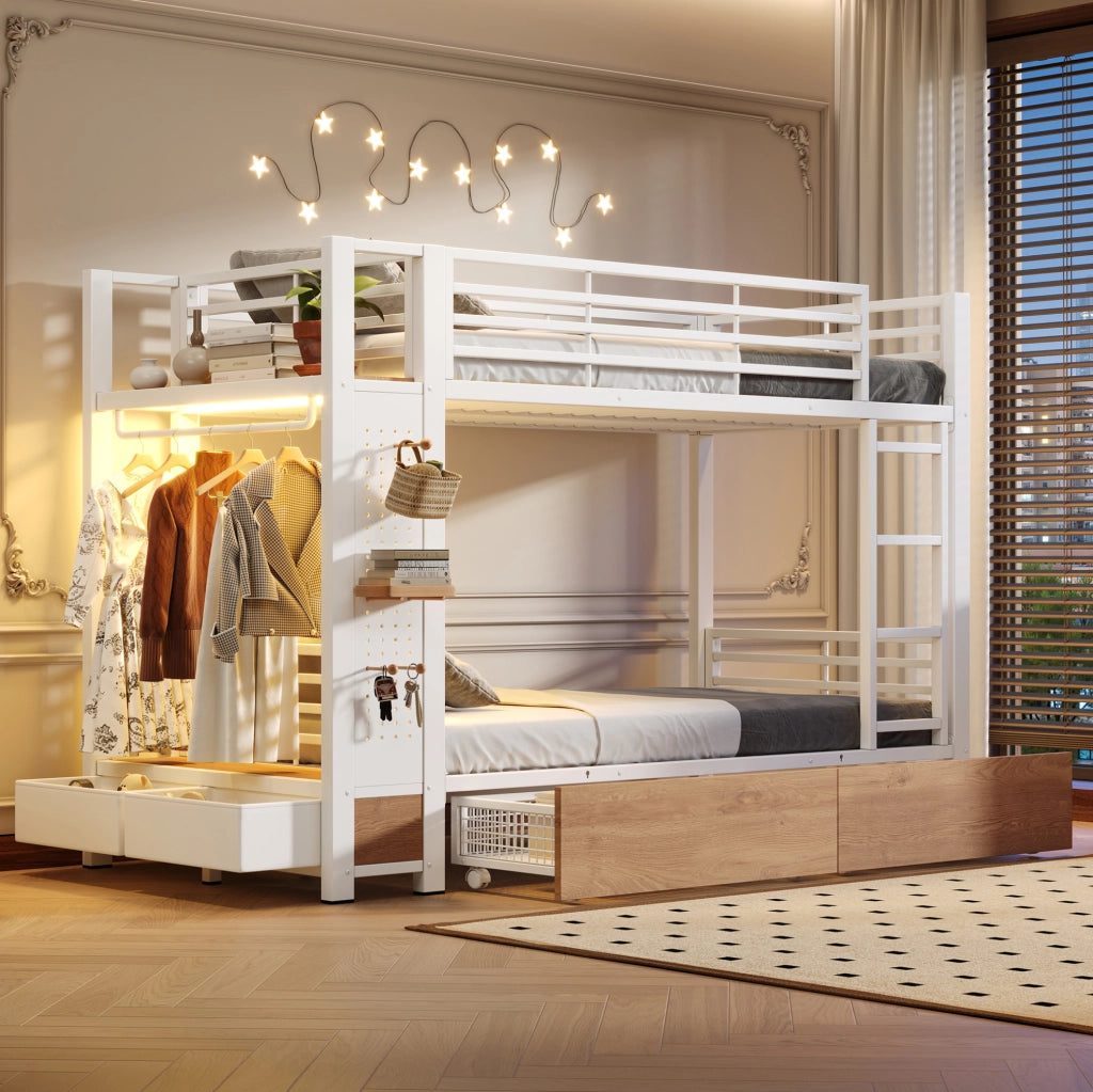 Letto a castello 90x200 cm in MDF e metallo bianco con LED; 2 cassetti e vano appendiabiti