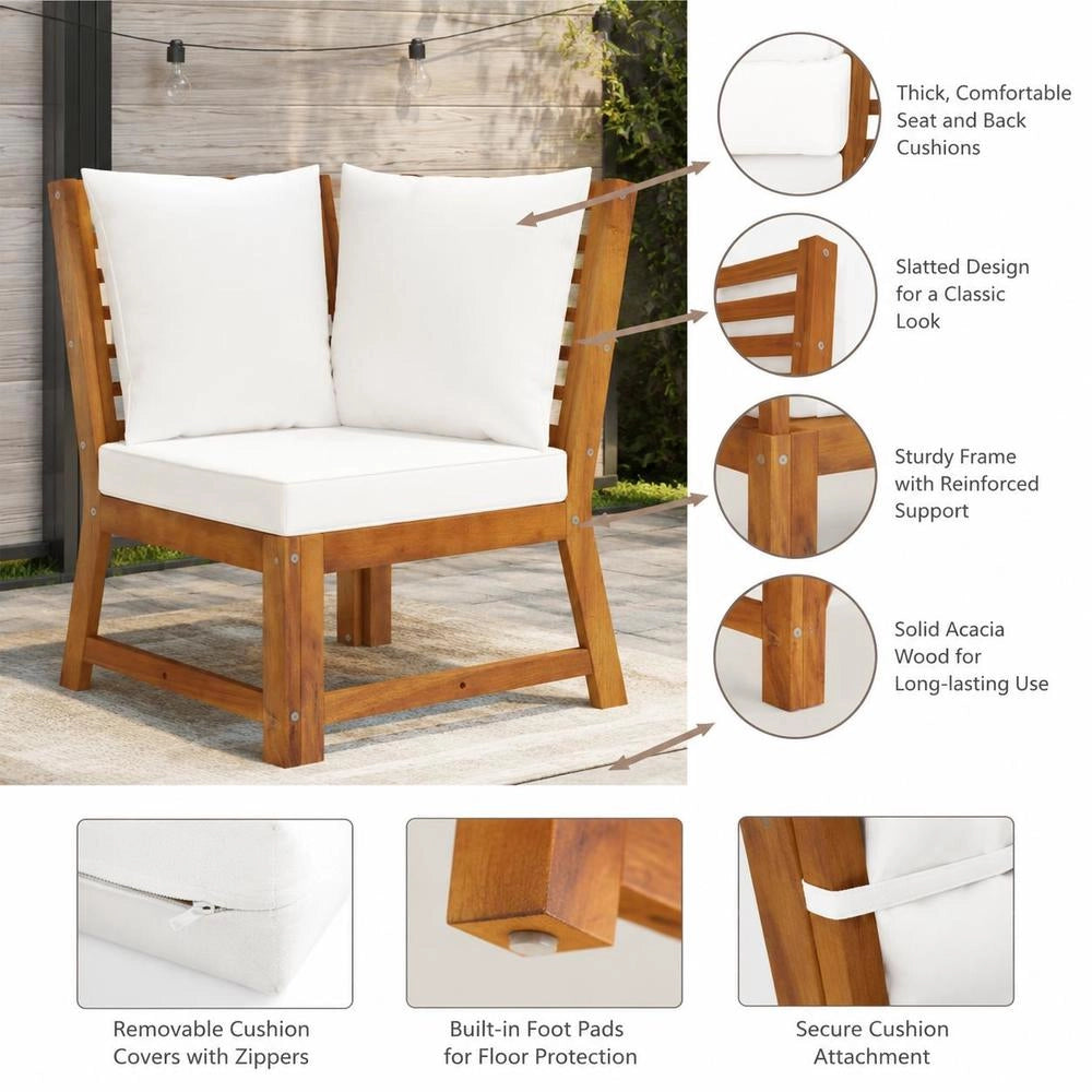 Modular Corner Sofa With Cream-white Cushions, Solid Acacia Wood