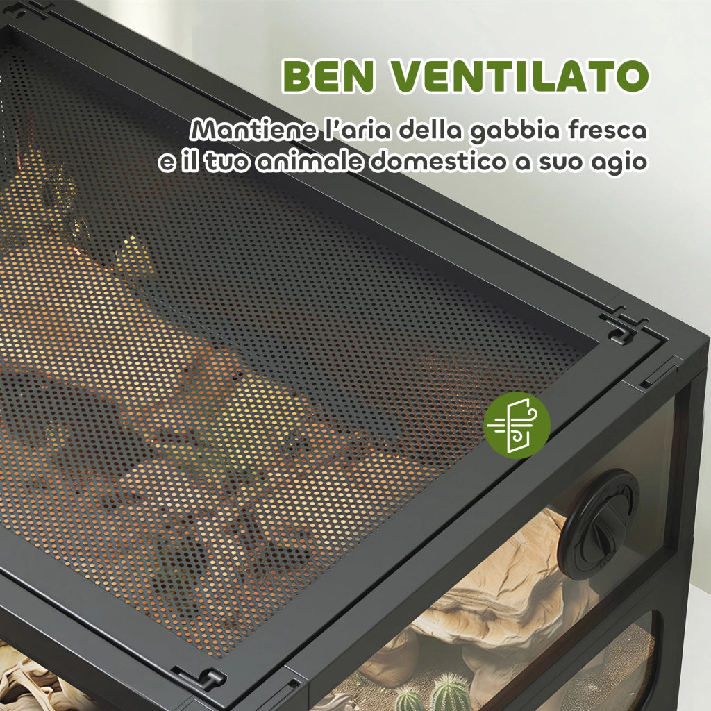 Rettilario Rialzato e Pieghevole con Coperchio e Pareti in Vetro Temperato e Plastica, 60x45x32 cm, Nero