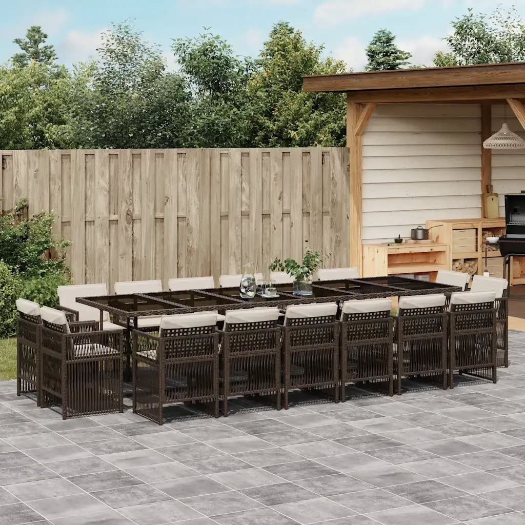 Set da Pranzo da Giardino 17 pz con Cuscini Marrone Polyrattan