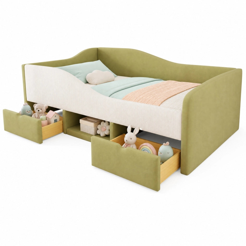 Letto per bambini imbottito 90x190 cm con 2 cassetti; vano portaoggetti e protezioni; verde e avorio