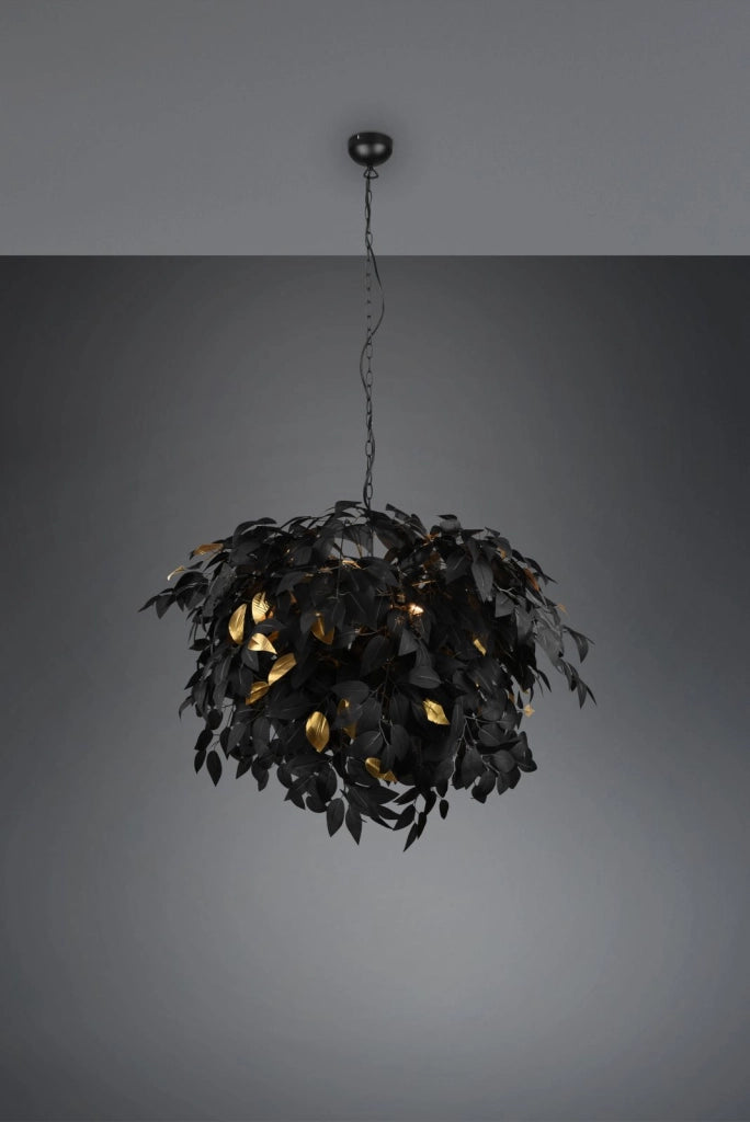 LEAVY SOSPENSIONE GRANDE FOGLIE LAVABILI NERO E ORO D. 70CM 4 LUCI ATTACCO E14