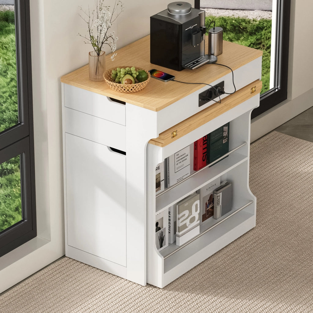 Tavolo allungabile con 2 cassetti e prese; per cucina; in MDF e vetro; bianco