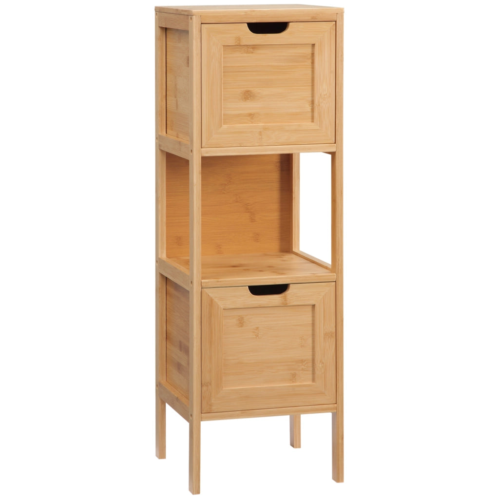 Mobile bagno in bambù con 2 cassetti e ripiano aperto, salvaspazio, con dispositivo antiribaltamento, 30x30x90 cm