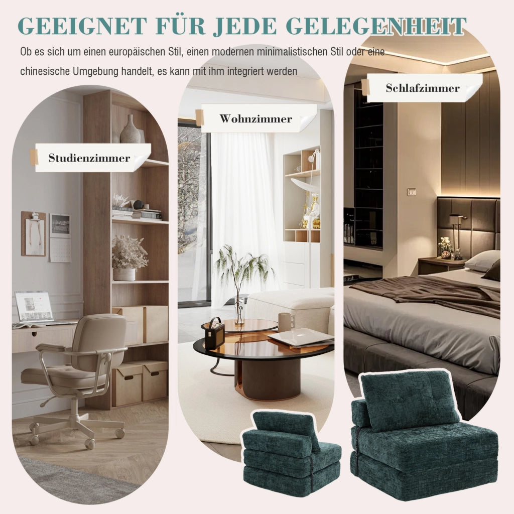 Divano letto pieghevole in ciniglia verde smeraldo con cuscini