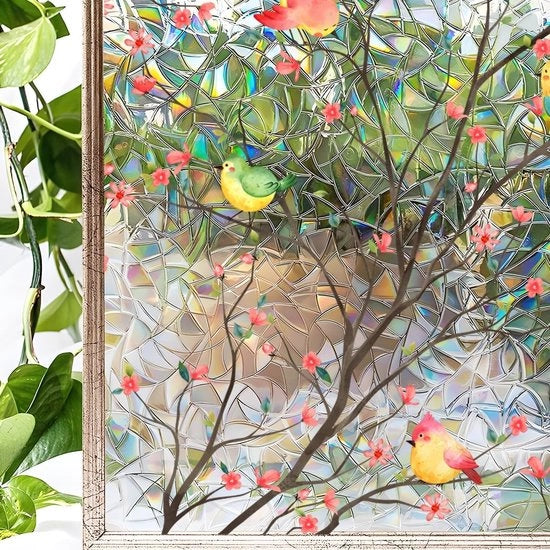Decorativa 40x120cm - Folio di vetro per finestre - Privacy - Uccelli e fiori - Sticker per finestre - per casa, Ufficio, Salotto, Bagno, Finestra, Decorazione per porte