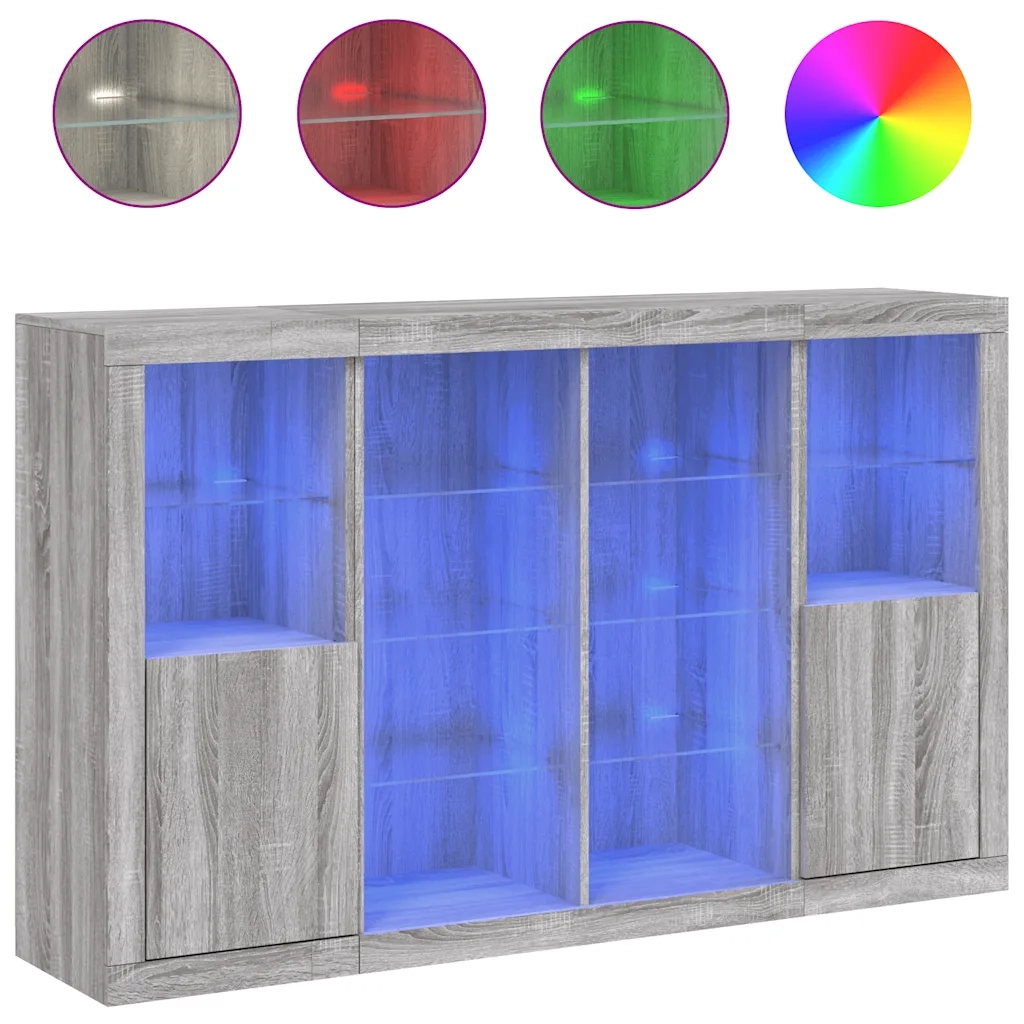 Credenze con Luci LED 3 pz | Madia | Buffet da pranzo | Armadio da pranzo Grigio Sonoma in Legno Multistrato