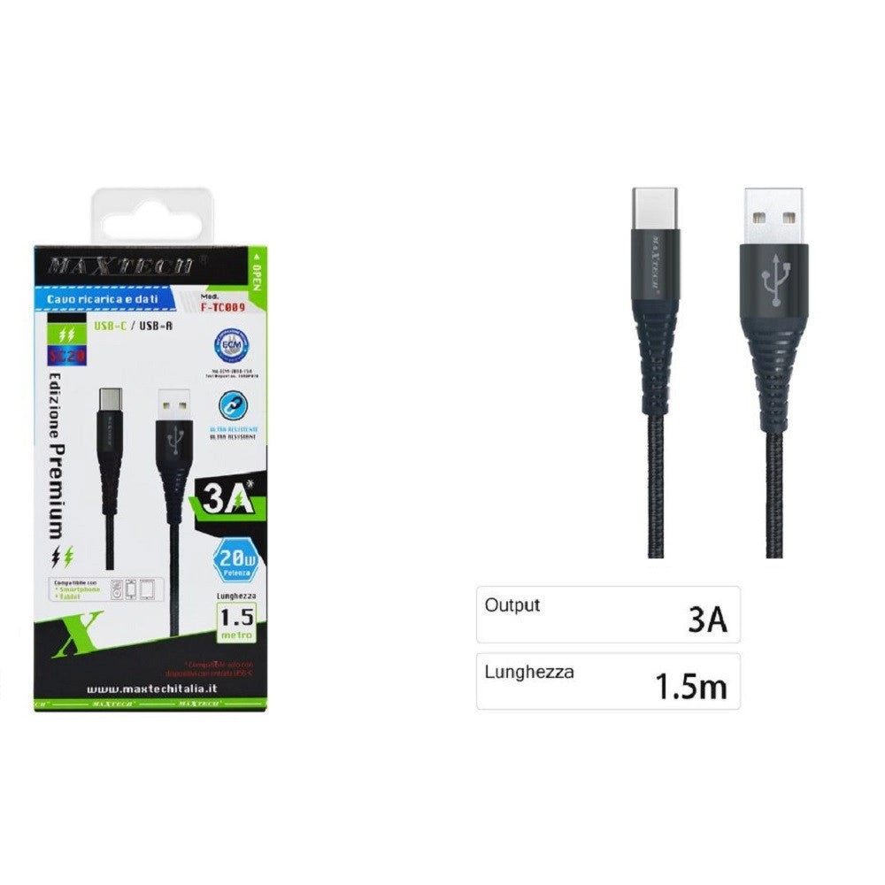 Trade Shop - Cavo Usb A Type C Dati Ricarica Per Samsung Huawei 1.5 Metri 3a Maxtech F-tc009 -