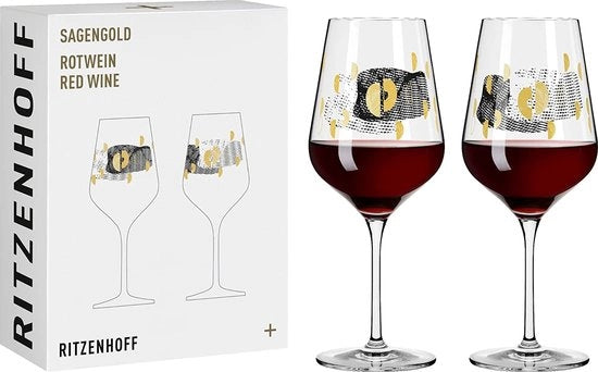 Vaso da vino 400 ml – Serie Sagengold Nr. 2 set da 2 con motivi di uva, oro reale Made in Germany, nero, oro