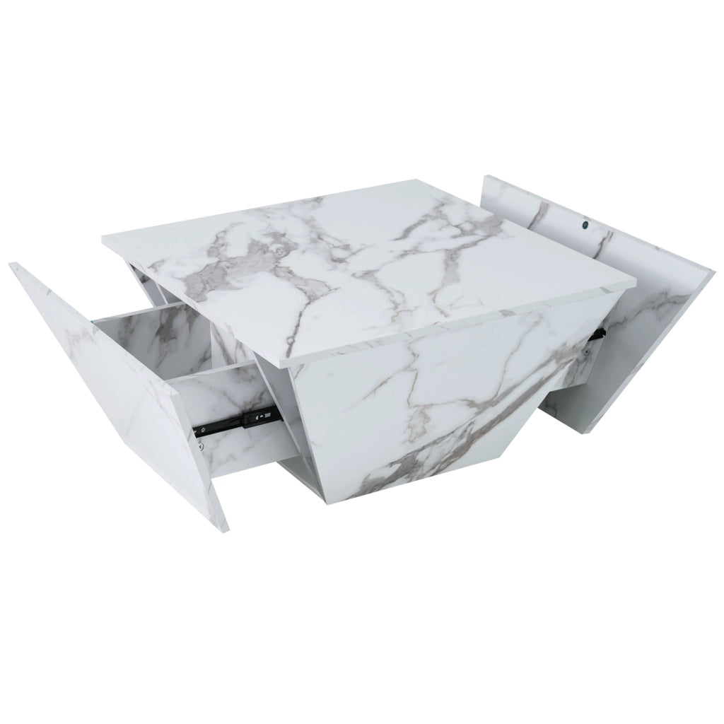 Tavolino basso trapezoidale con 2 cassetti e vani contenitore, in MDF marmorizzato, bianco, 70 × 70 × 37 cm