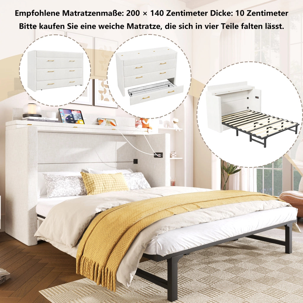 OKWISH Letto a scomparsa 140×200 cm, Letto Matrimoniale con 1 Cassetto, USB, Tipo C e Mensola, senza Materasso, in Lino, Beige