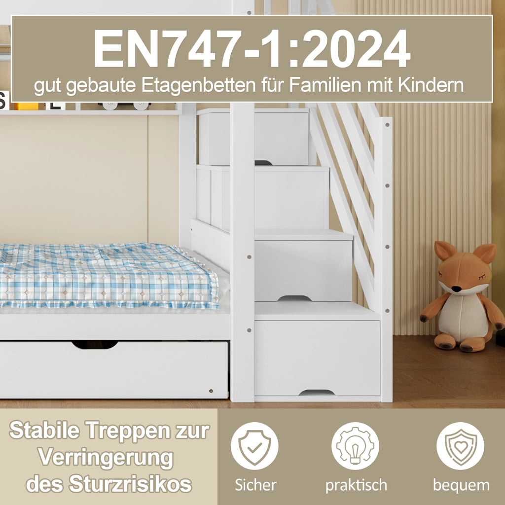 Letto a Castello 90x200 cm - con Letto Estraibile; Armadio; Vano - in Pino - Bianco