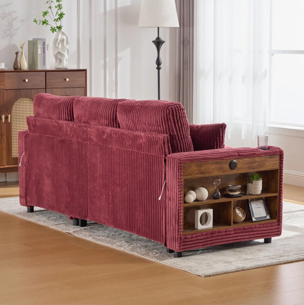 Divano letto 196x82-144x85 cm con contenitore; USB-C; LED e braccioli con portabicchieri in corduroy vinaccia