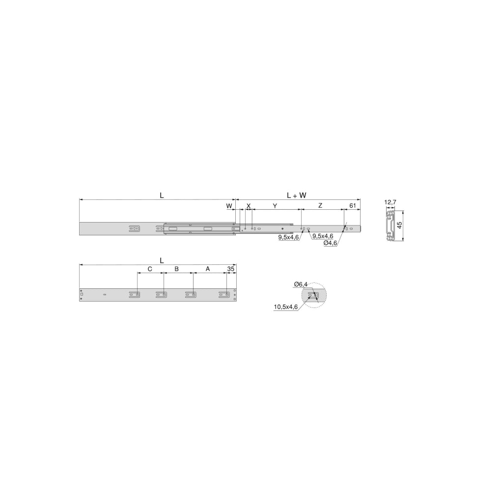 Kit Guide per Cassetti a Sfera 45 x 550 mm Estrazione Totale Zincato 5 Pezzi Emuca