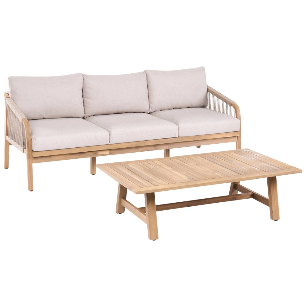 Set da giardino divano 3 posti con tavolino in legno di acacia con cuscini beige chiaro design moderno per esterni