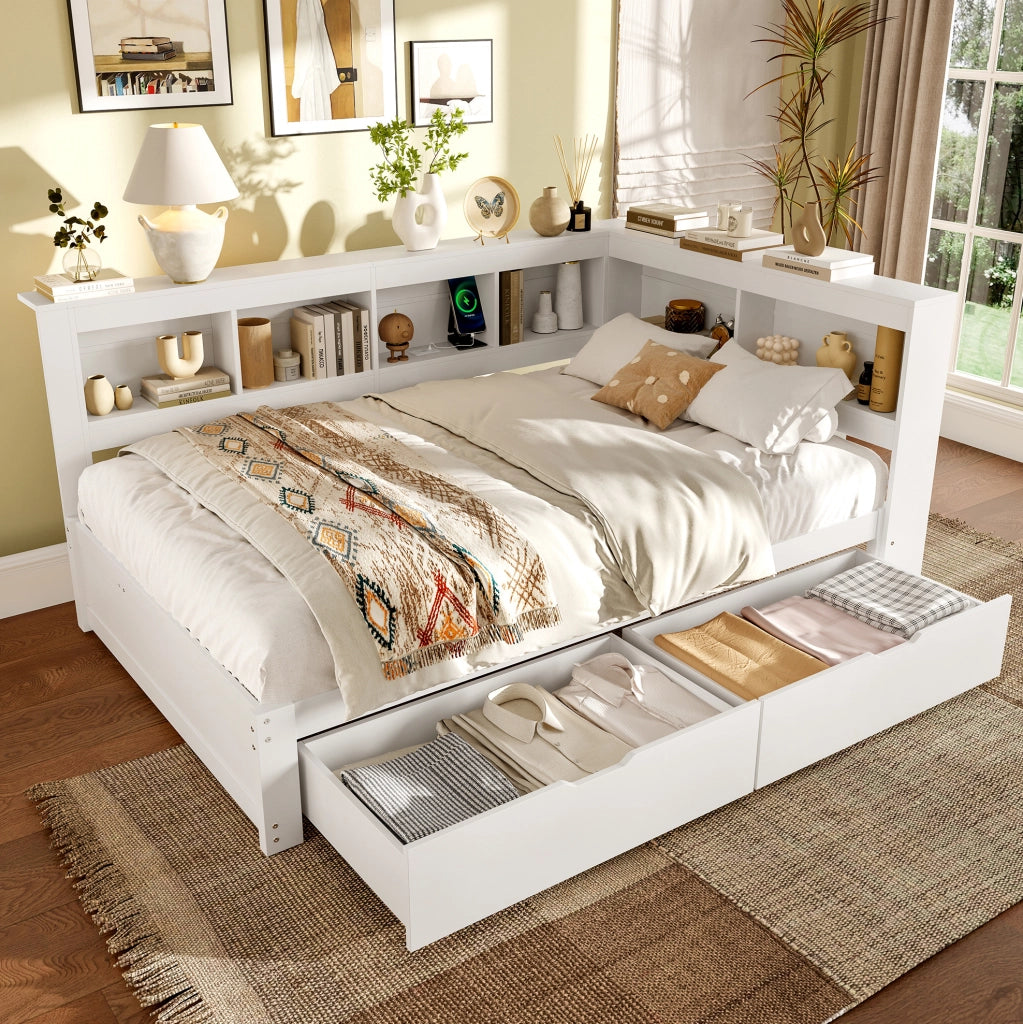 Divano letto 140x200 cm con prese e 2 porte USB in MDF e pino bianco