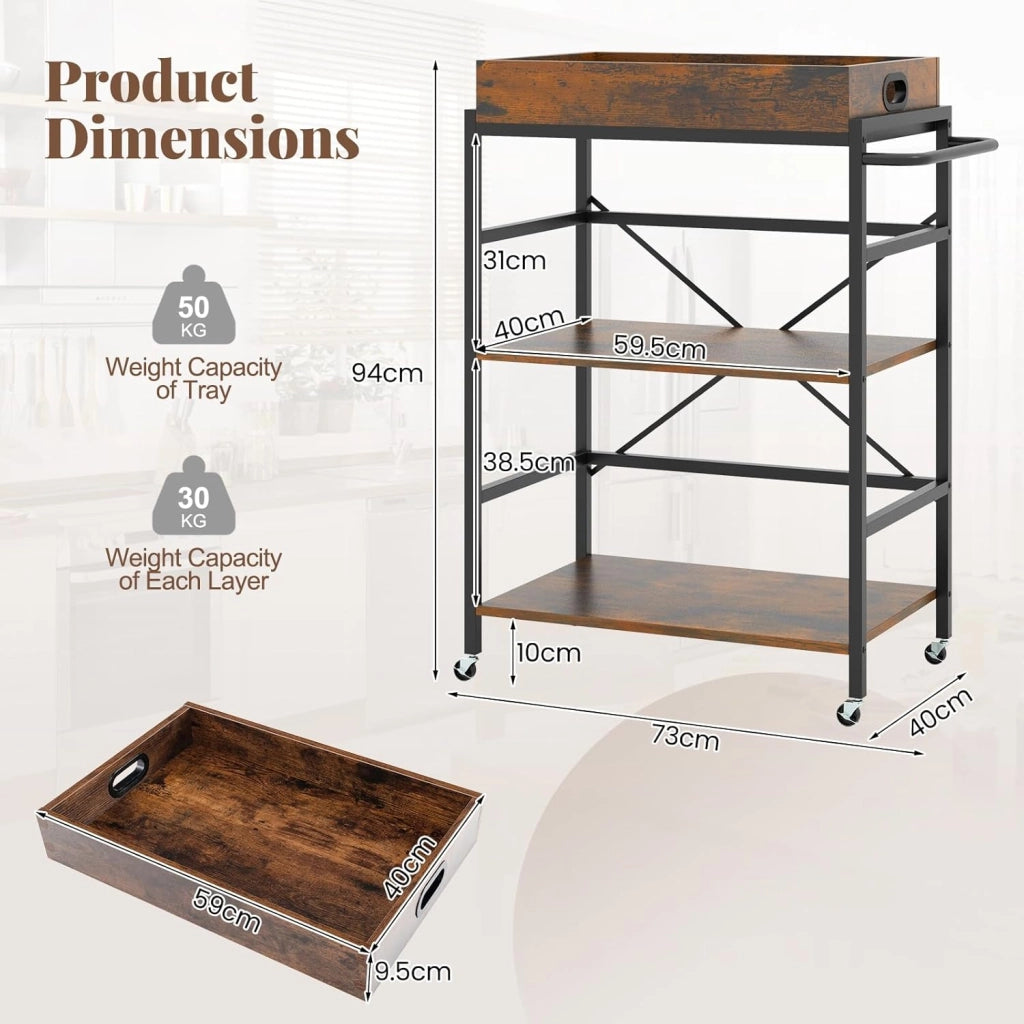 Carrello da cucina con vassoio estraibile e 4 ruote, carrello di servizio a 3 livelli con telaio in metallo, 73 x 40 x 94 cm, stile industriale, carrello ausiliario per cucina, sala da pranzo