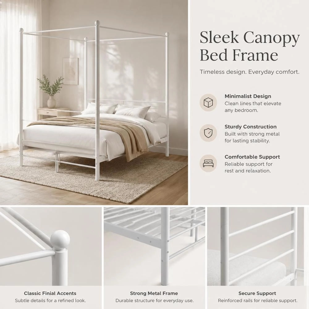White Metal Four-poster Bed, 140x200 Cm