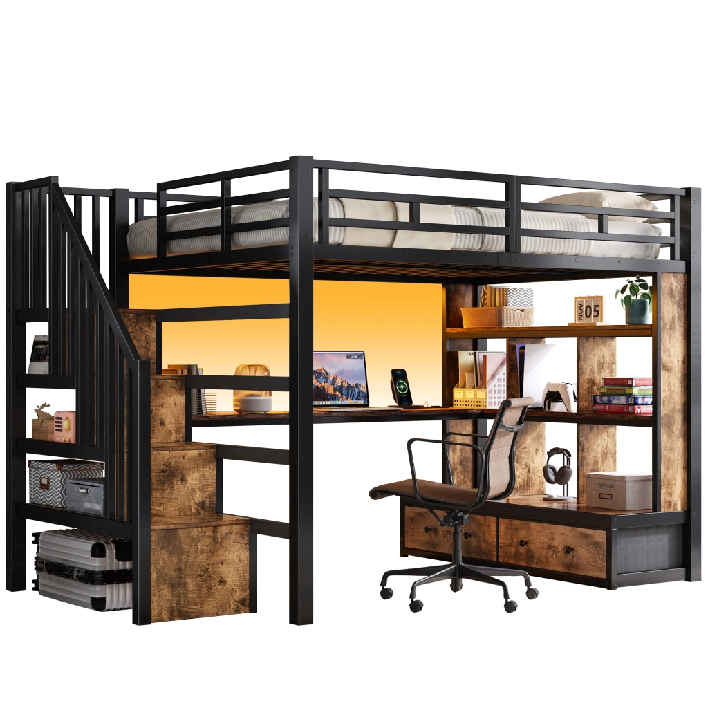 Letto a soppalco 140x200 cm con scrivania; libreria; cassetti e scala; nero
