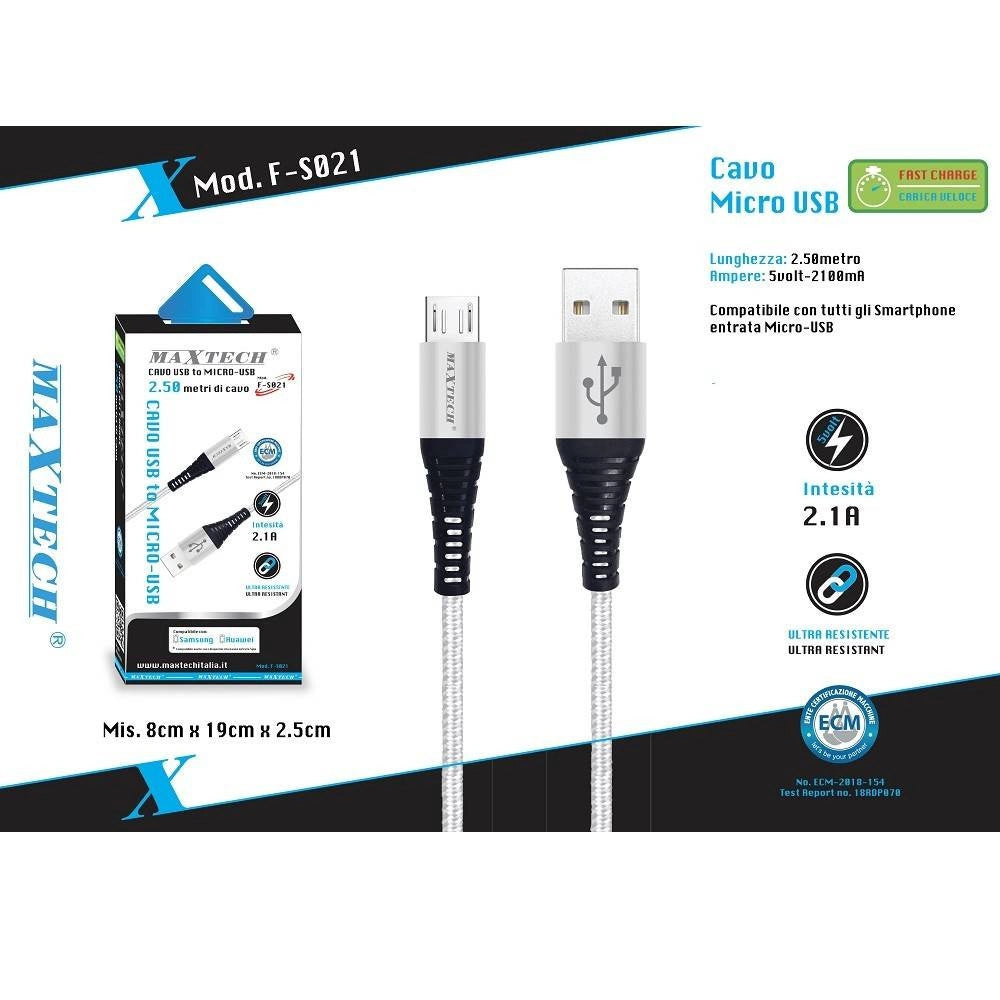 Trade Shop - Cavo Micro Usb A Usb Ricarica Dati Per Smartphone Samsung Huawei Maxtech F-s021 -