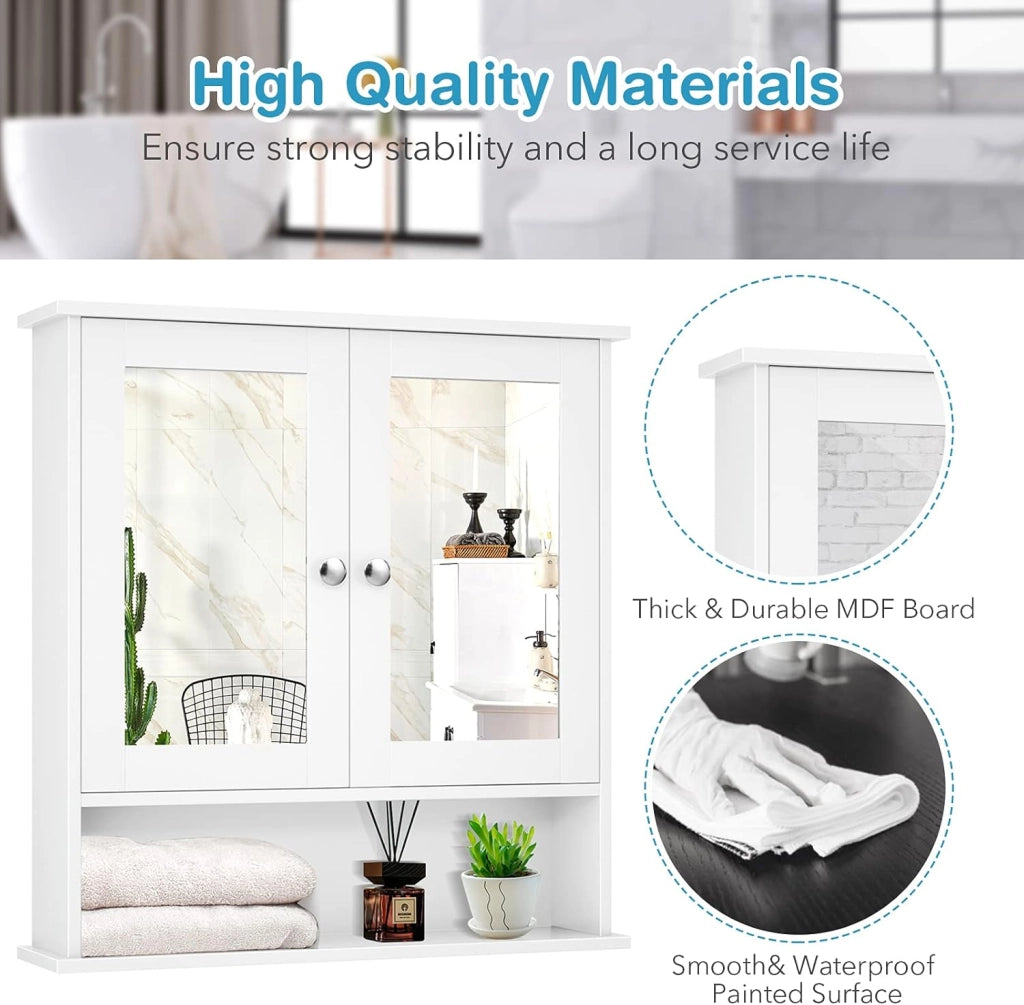 Armadio pensile con specchio, a due porte, con ripiano regolabile, 3 ripiani, 56,5 x 13,5 x 58,5 cm, bianco