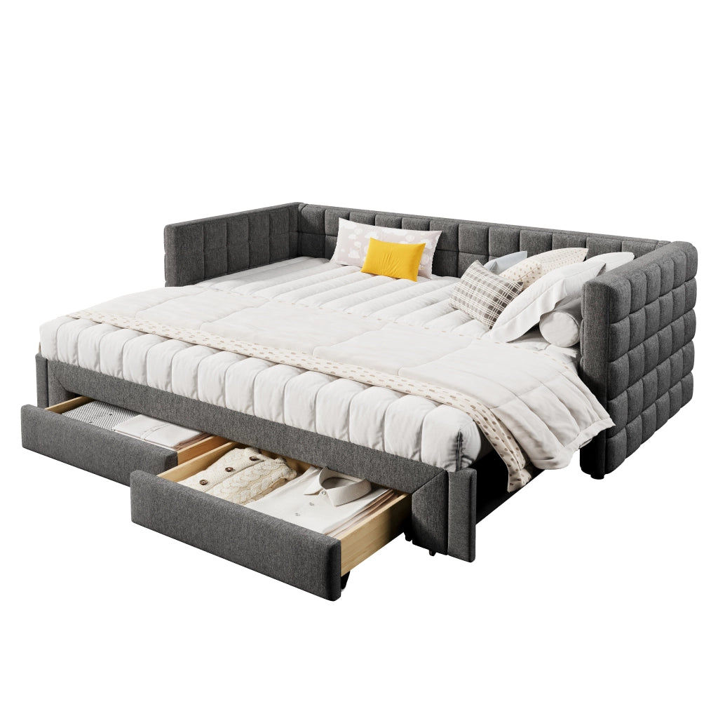 Letto Estraibile 90 x 200 cm; 2 Cassetti e Schienale Quadrato - in Velluto - Grigio