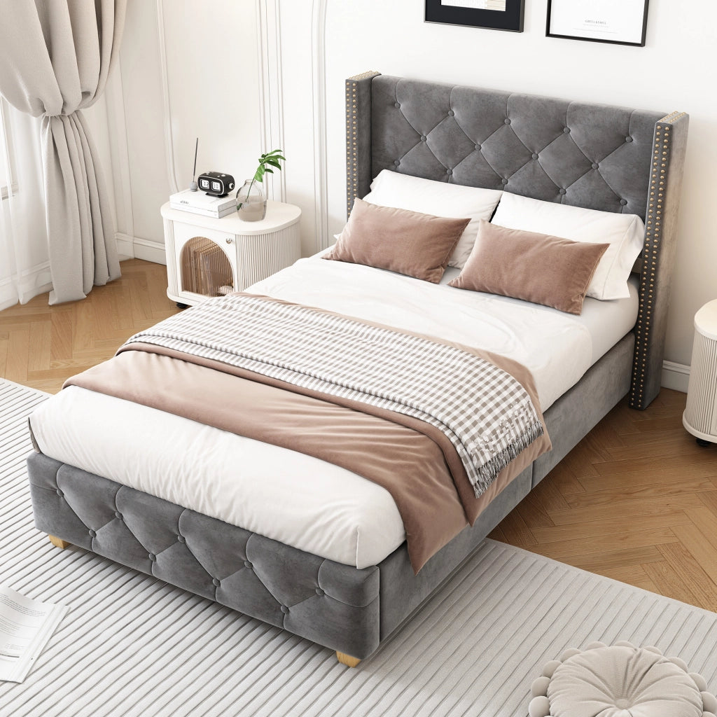 Letto imbottito in velluto grigio 90x200 cm con rete a doghe e testiera
